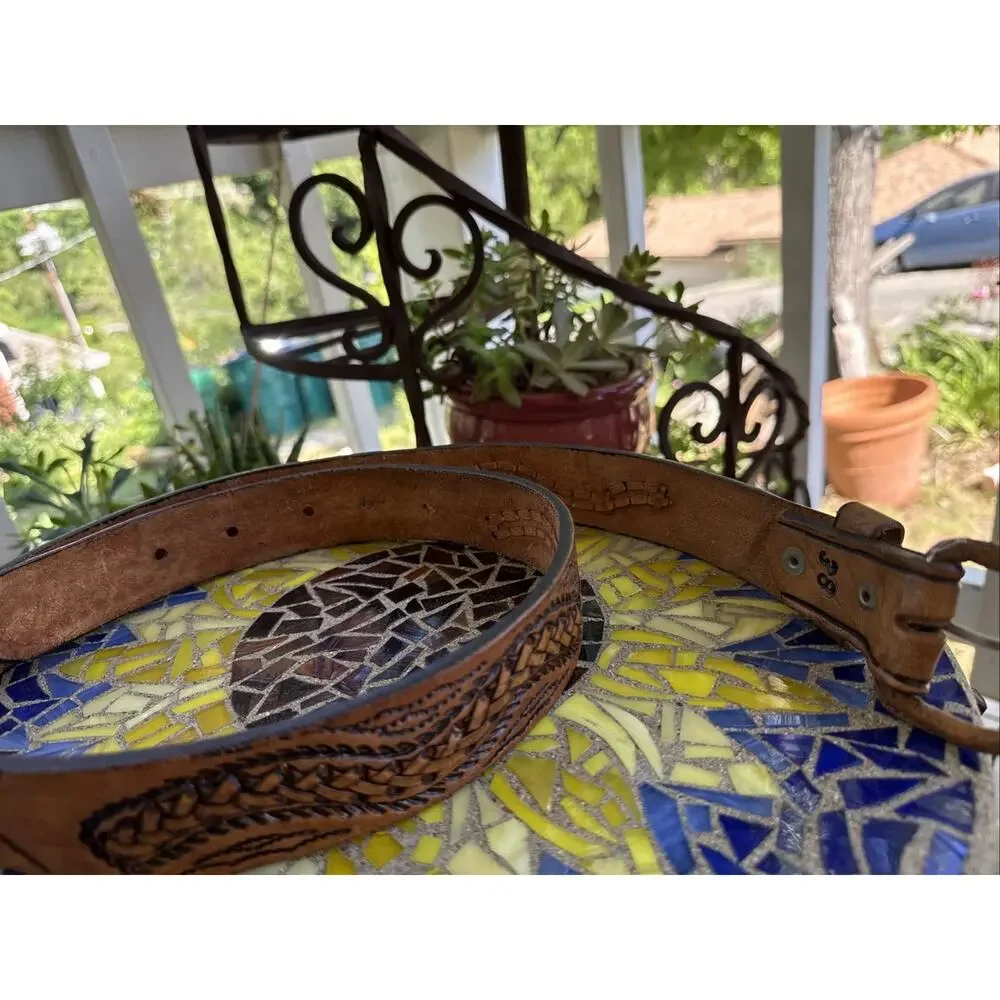 Vintage Hand-Tooled Leather Belt Eagle Motif Braided Western Artisan Crafted 38